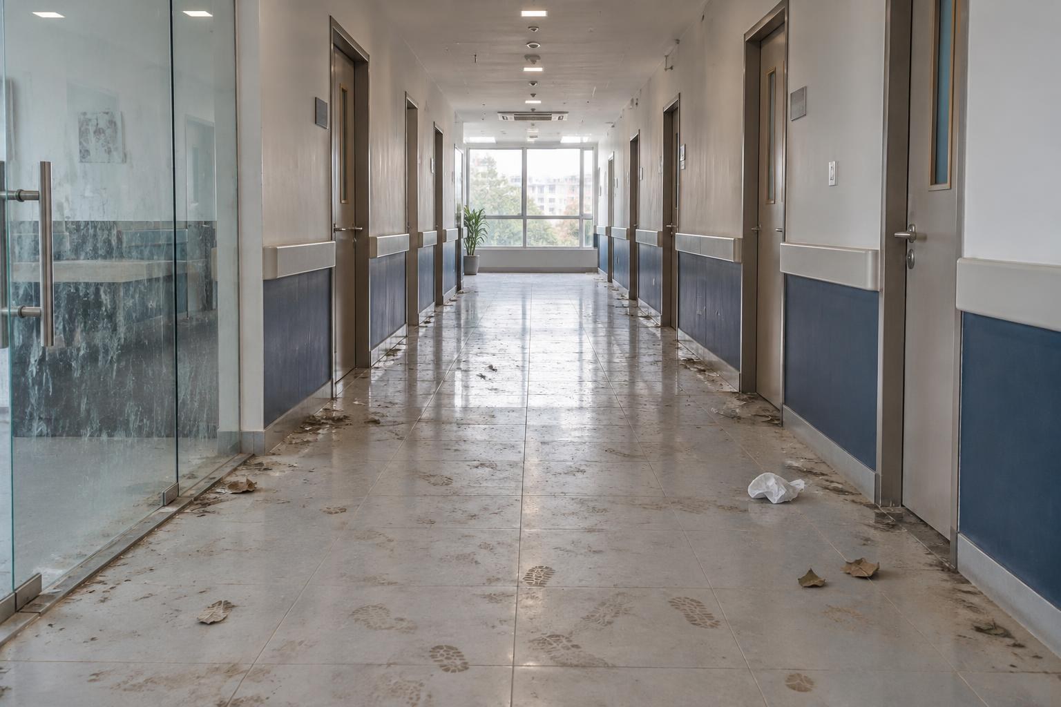 Hospital corridor before professional cleaning, with dust, footprints and scattered litter