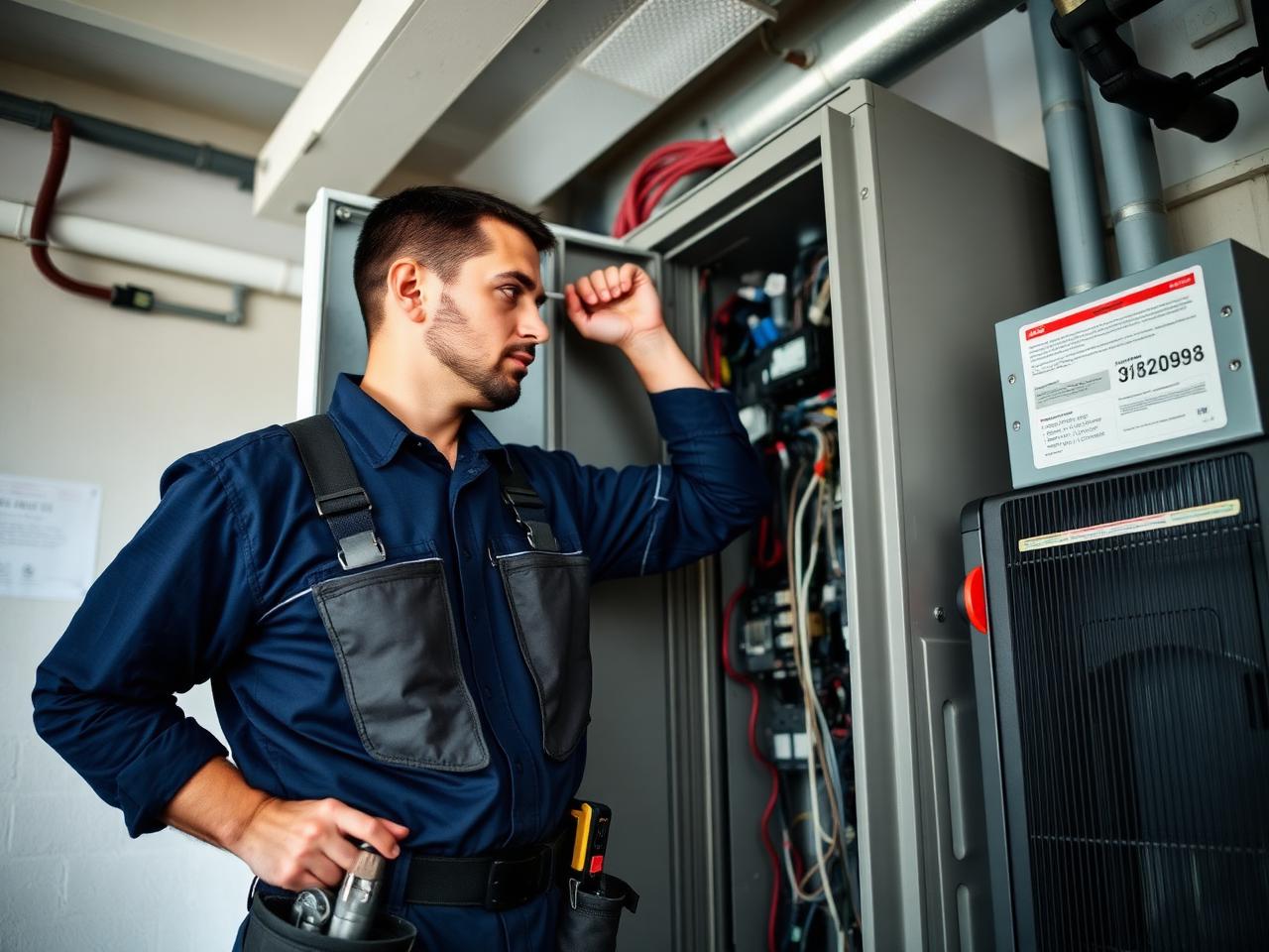Maintenance technician inspecting an electrical panel in a commercial building