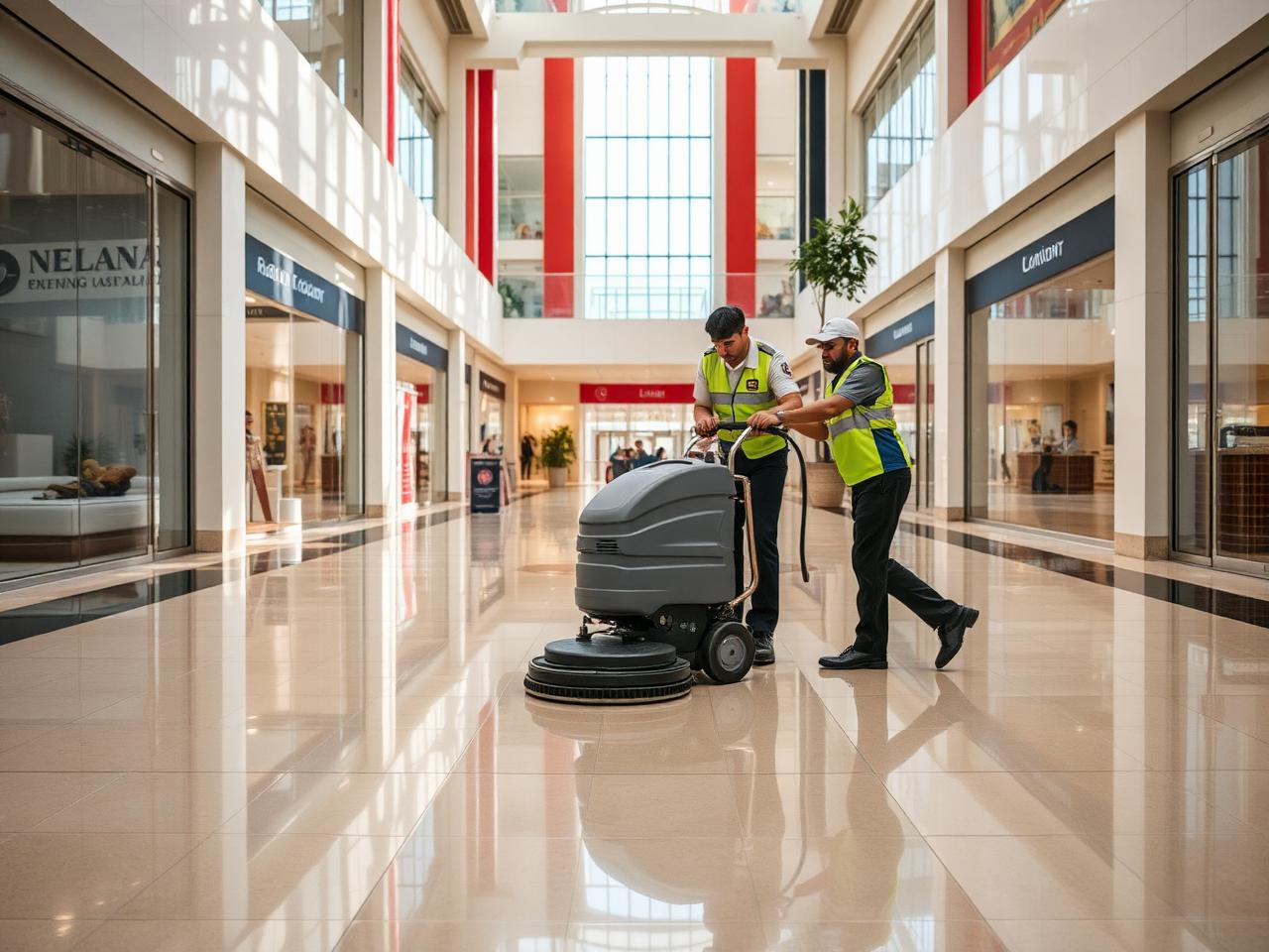 Cleaning crew maintaining a shopping mall atrium floor with a scrubbing machine