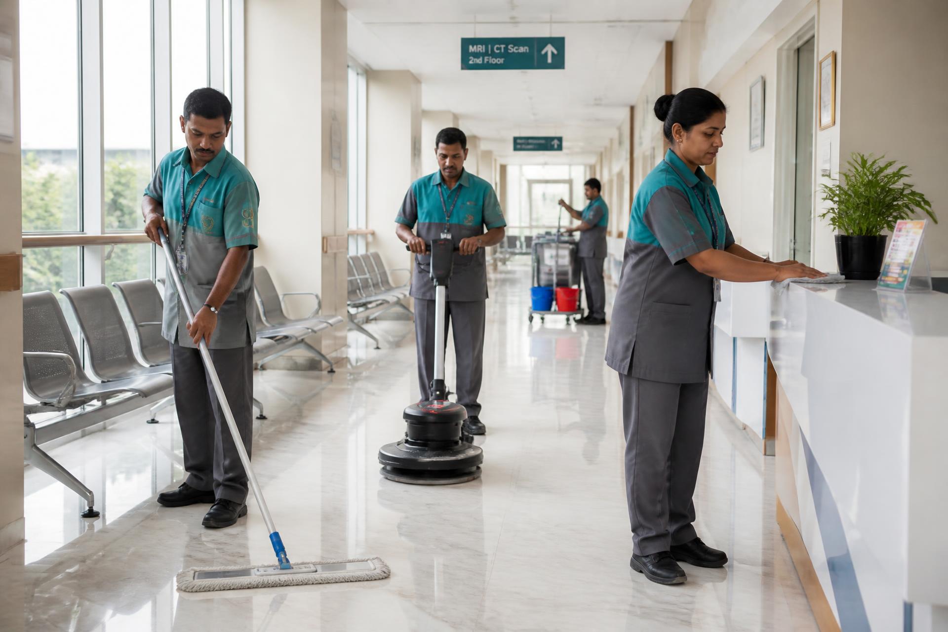 Supercare trained housekeeping team maintaining a hospital corridor in Bhopal