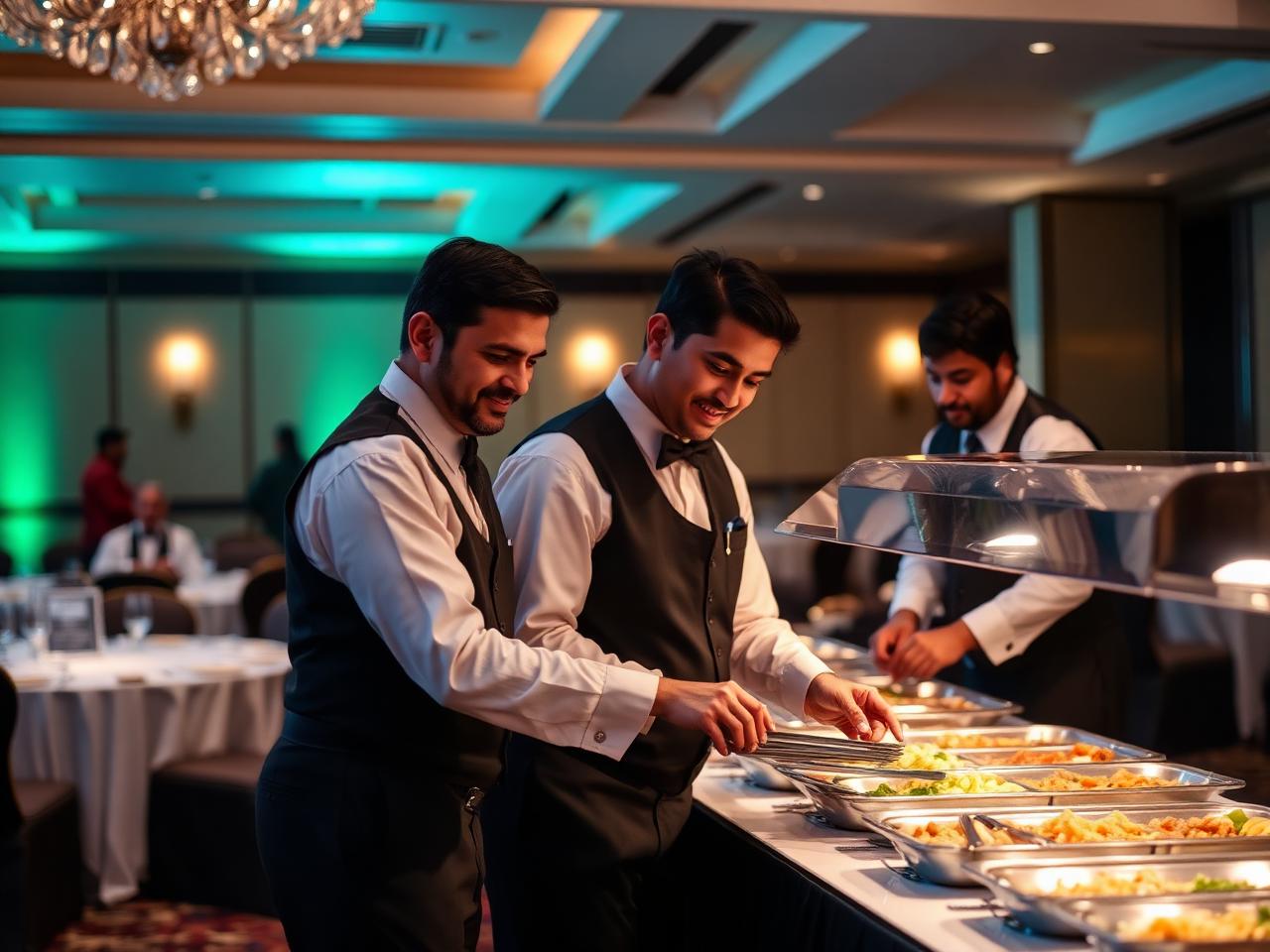 Banquet event support team arranging service counters