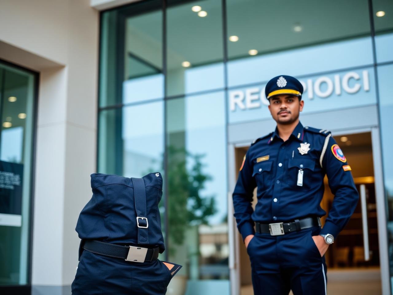 Security guard stationed at a building entrance
